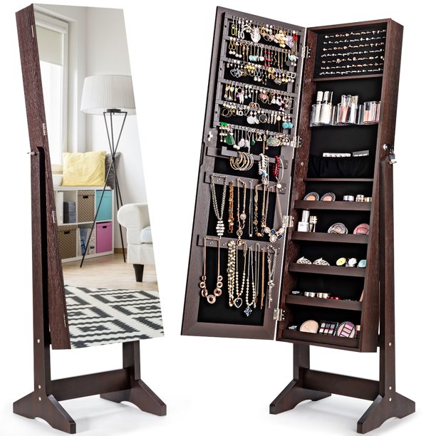 Costway Jewelry Stand Armoire Box Lockable Organizer w/ Full Screen Mirror White\Brown
