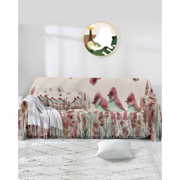 Pink Floral Sofa Covers for 3 Cushion Couch,Washable Sectional & L Shape Couch Covers for Dog/Cat/Kid,Vintage Birds Plant Leaf Botanical Non Slip Sofa Slipcover Tassel Futon Cover 71''x150''