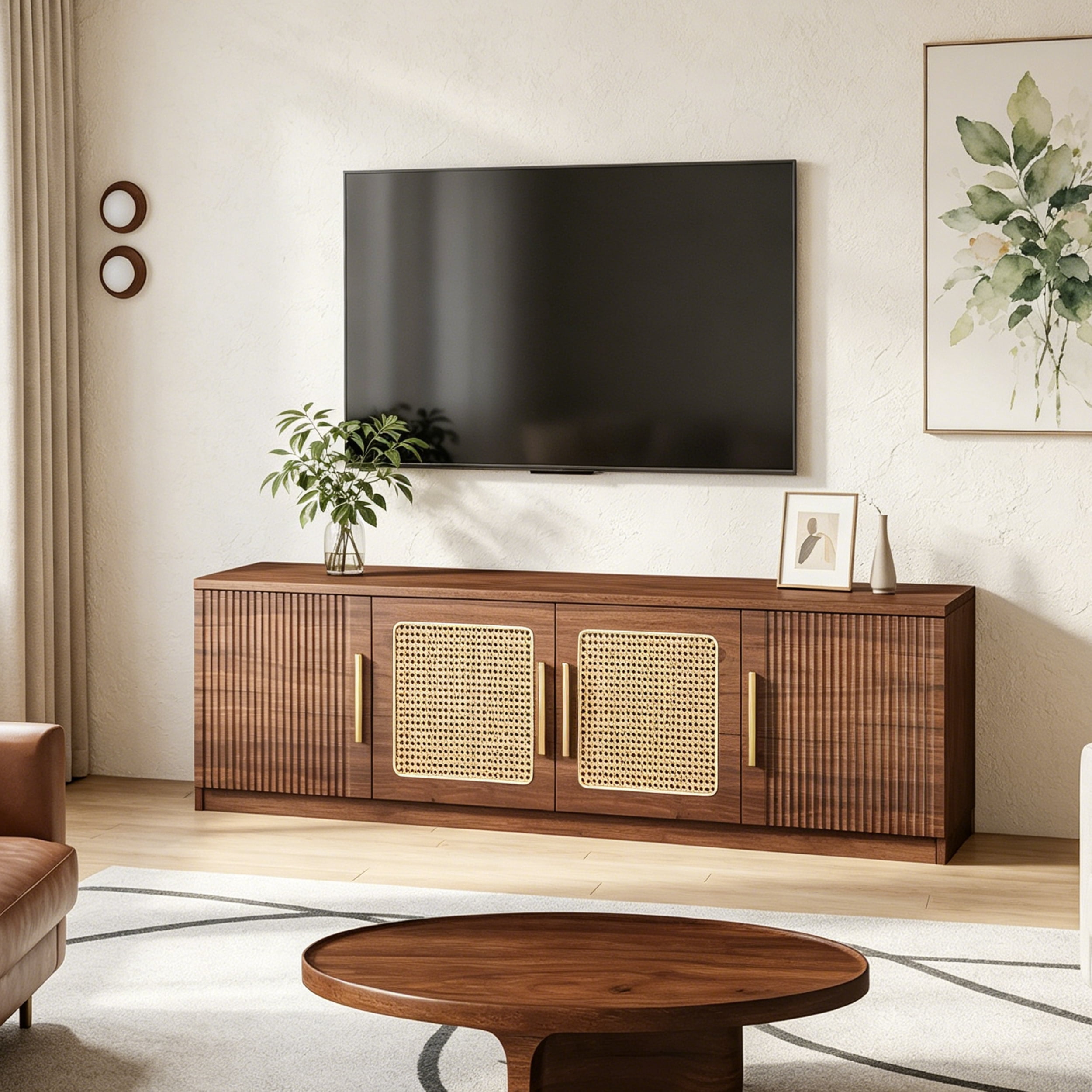 Fnova 70.9" Modern TV Stand with 6-Tier Storage, Wood Rattan Media Console for TVs Up to 80 Inches, Living Room Entertainment Center, Large TV Cabinet with Shelves for Bedroom/Entryway