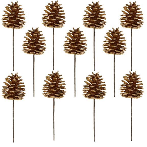 20Pcs Gold Christmas Pine Cones Decorations Picks Gold Pinecones Ornaments with Pick for Craft Artificial Christmas Tree Decor Rustic Holiday Home Ornaments Centerpiece