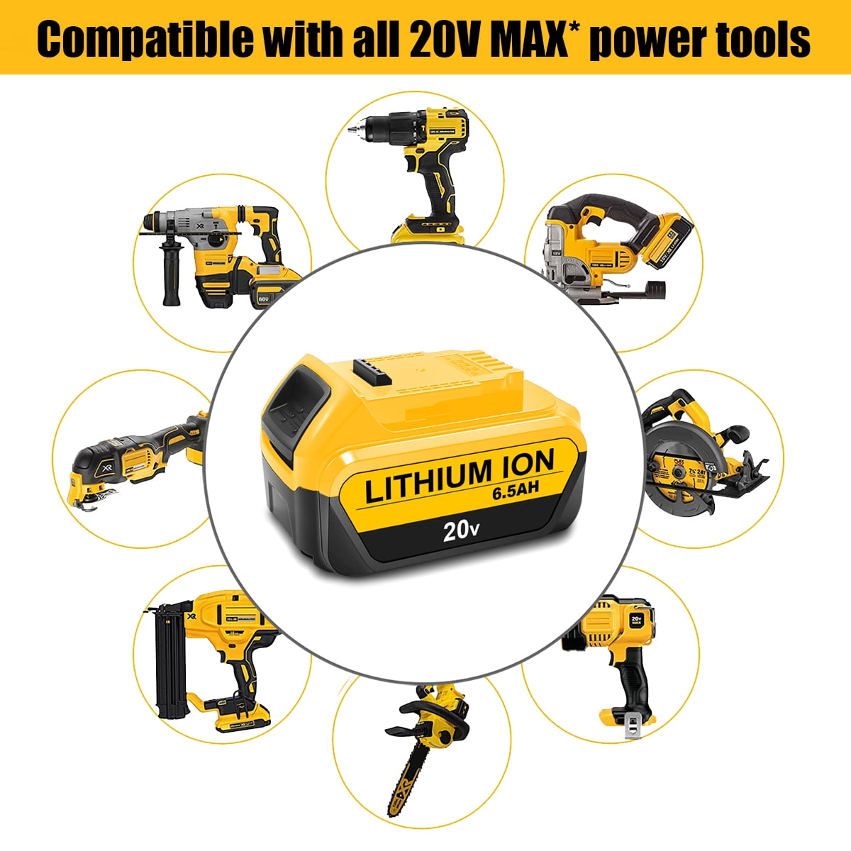 2 Pack 20V Max 6.5Ah Extended Capacity Battery DCB206 Replacement for DEWALT 20V Max XR Battery 6Ah DCB206-2 5Ah DCB205-2 4Ah DCB204-2 DCB200-2 Lithium Battery