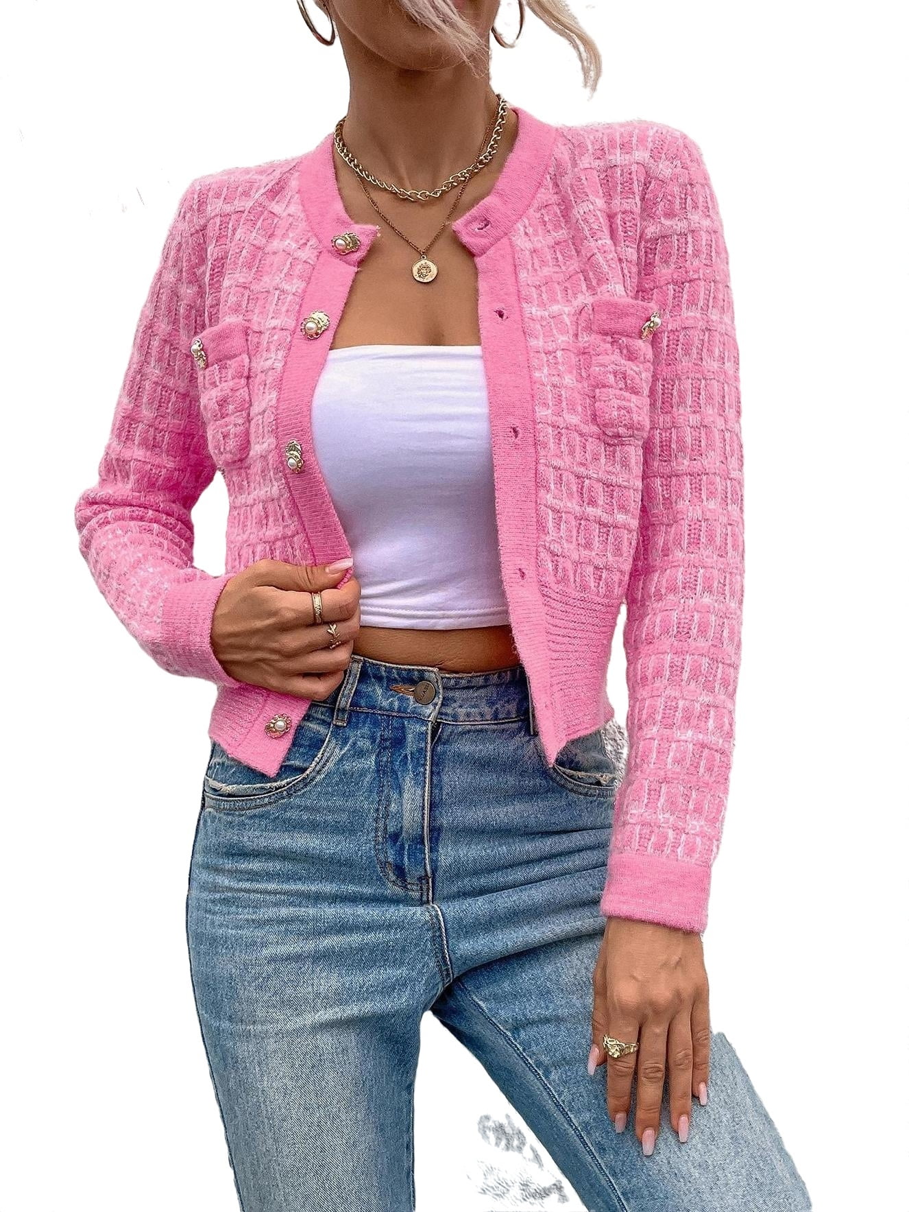Womens Cardigans Casual Plain Round Neck Cardigan Pink L
