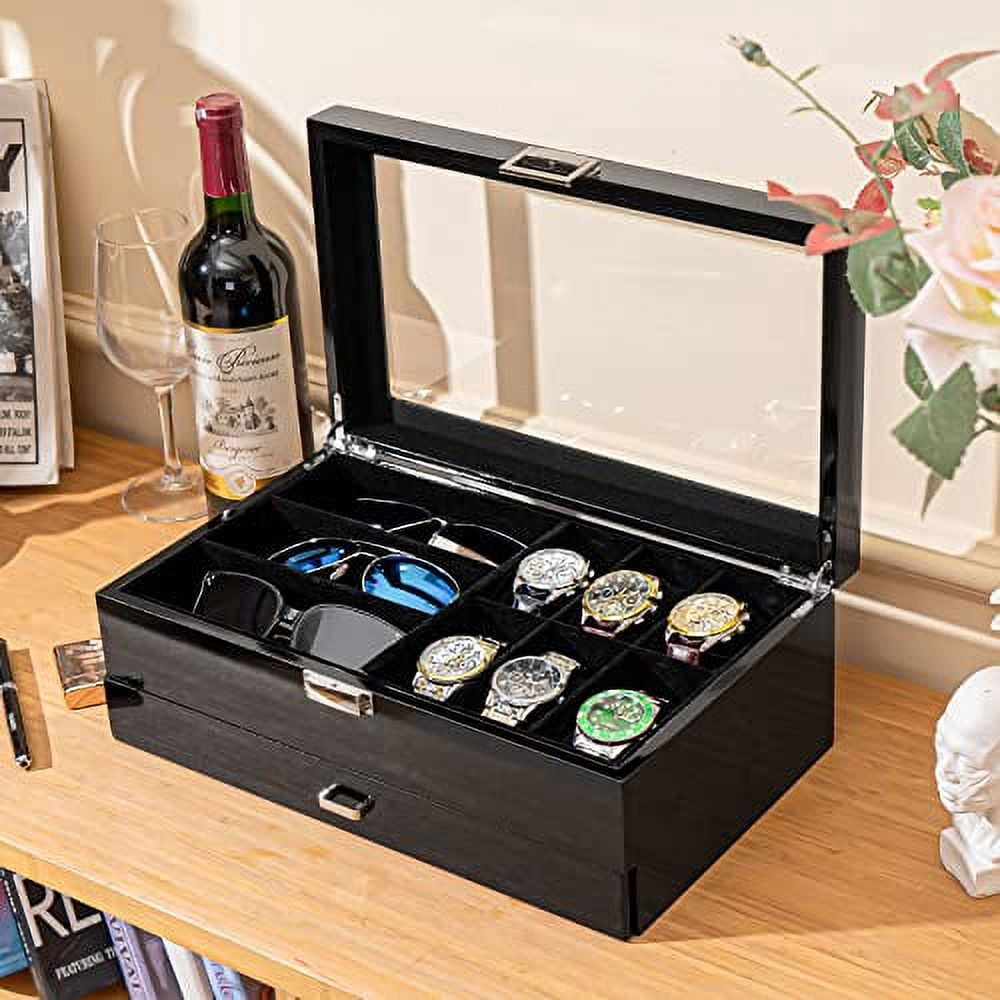 ProCase Wooden Men's Jewelry Box, Watch and Sunglasses Box Organizer for Men, 2-Tier Watch Holder and Glasses Display Cases with Clear Glass Top and Storage Drawer -Black