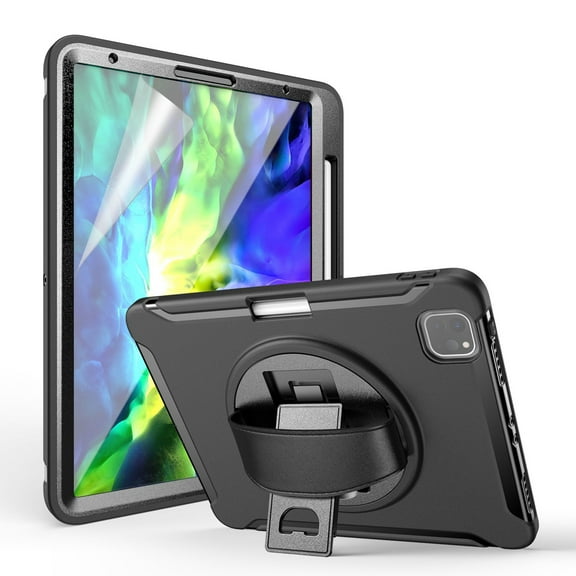 Dteck Case For Apple iPad Pro 12.9" 4th Gen (2020)/3rd Gen Pro 12.9 (2018),Shockproof Three-Layer Heavy Duty Protector Rubber Hard Stand Hand Strap Cover with Screen Protector 12.9-inch,Black