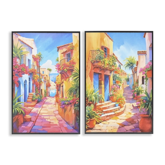 Stupell Industries Quaint Mediterranean Village Buildings & Architecture Painting Black Framed Art Print Wall Art, 12 x 18, Set of 2