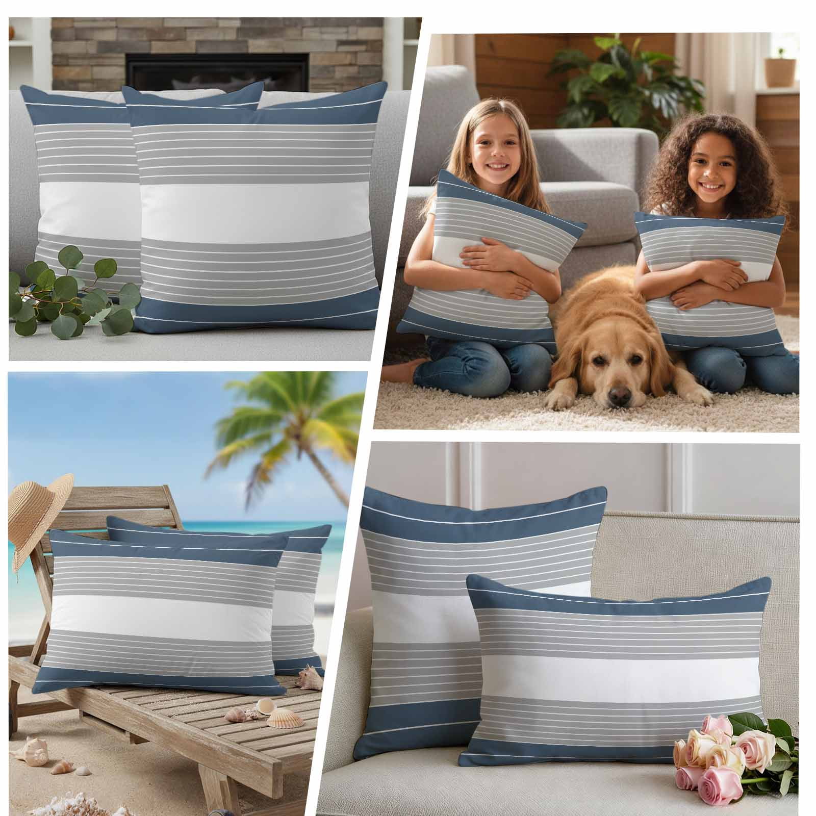 Haze Blue Grey Stripe Outdoor Waterproof Pillow Covers, Modern Art Horizontal Striped Decorative Square Throw Pillowcase Sofa Cushion Sham for Patio/Couch/Chair, 18"x18" 2 Pack