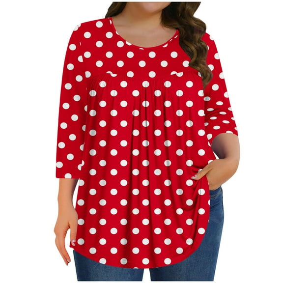 successthop Plus Size Blouses for Women 3/4 Sleeve Tunic Top Crewneck Curved Hem Shirt Polka Dots Shirts Loungewear