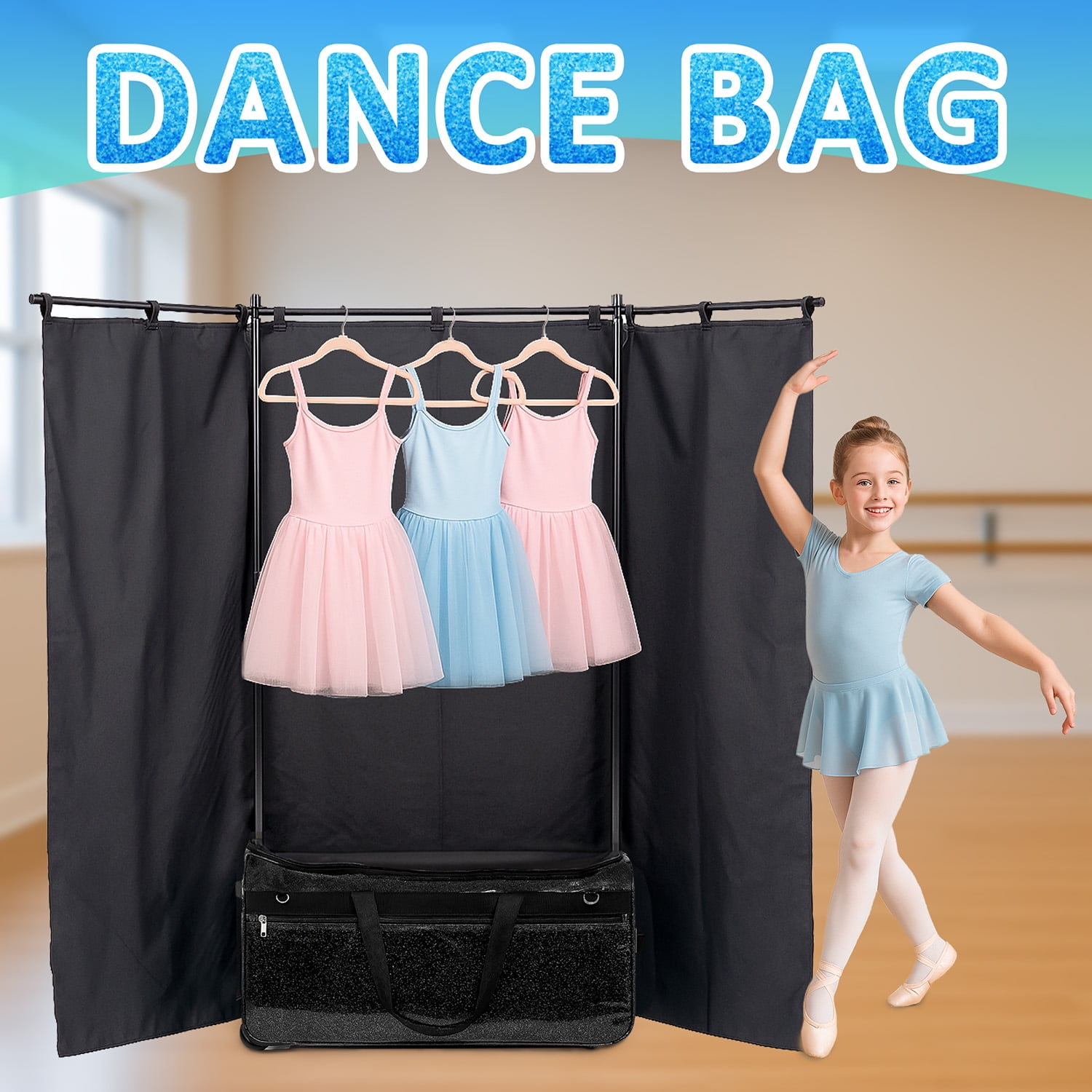 Rolling Dance Competition Bag with Retractable Garment Rack, 29 Inch, Black, Wheeled Travel Suitcase with Privacy Curtain (Black)