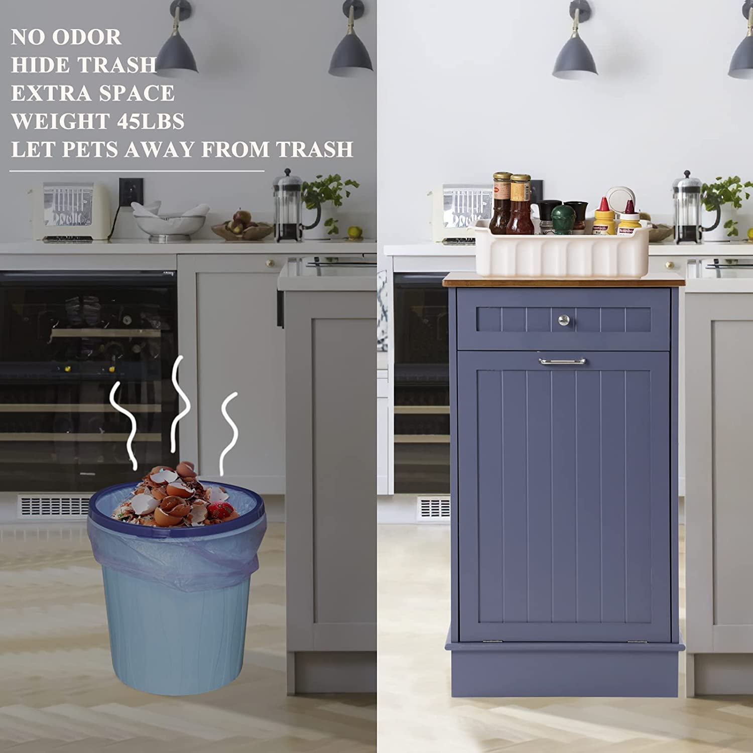 KIGOTY Kitchen Tilt-Out Trash Cabinet, 10 Gallon Pet Proof Wood Trash Cans Blue