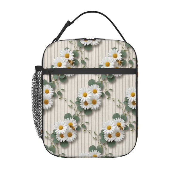 Daisy Floral Insulated Lunch Bag Reusable Lunch Box For Women Men Floral Bee Leakproof Thermal Meal Prep Tote With Clip-on Buckle Handle Side Pocket
