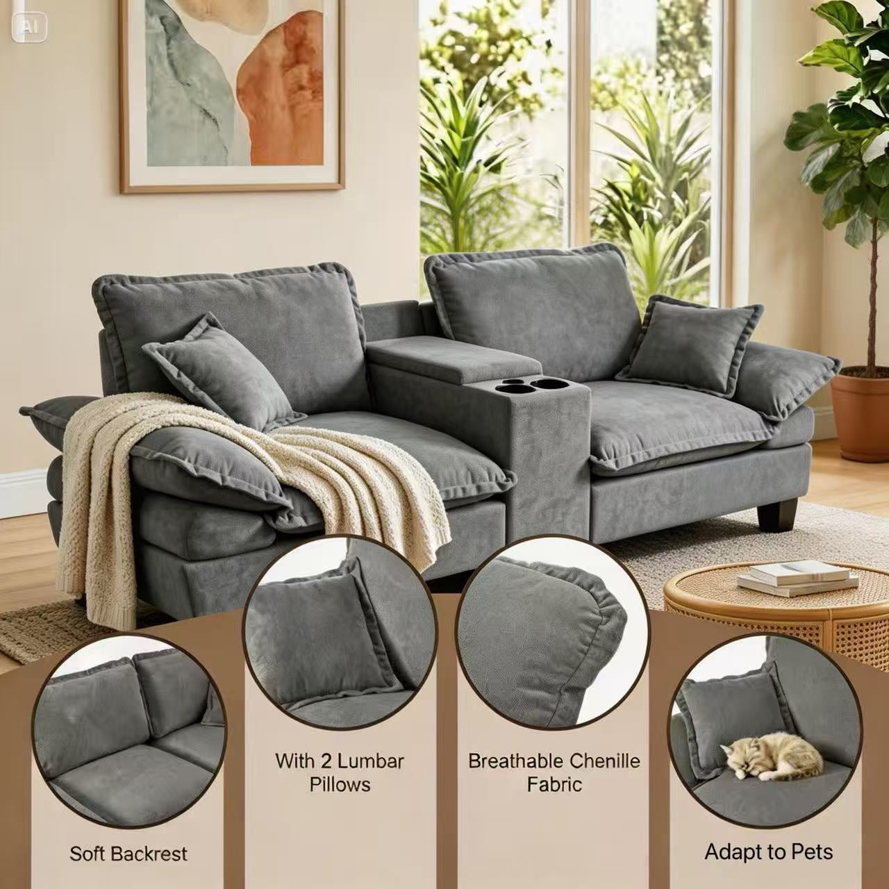 AISWORD Loveseat Sofa with Storage Console, USB Charging Ports & Cup Holders, 2-Seater Sectional Couch for Small Spaces, Grey