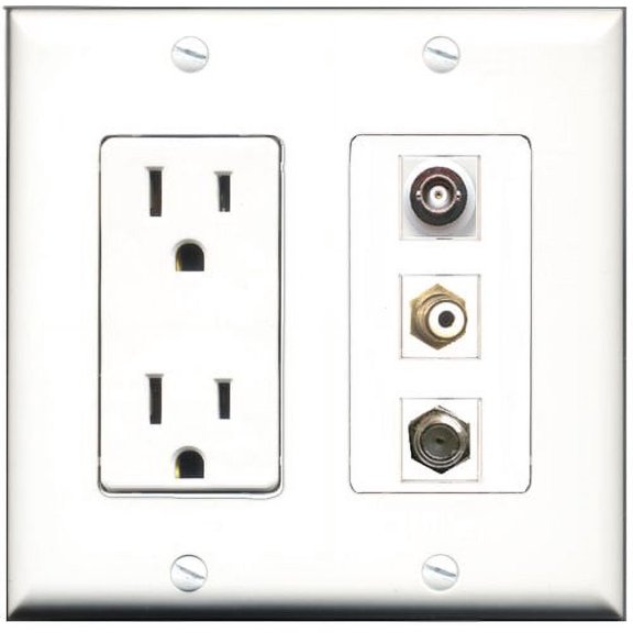 RiteAV - 15 Amp Power Outlet 1 Port RCA White 1 Port Coax 1 Port BNC Decorative Wall Plate