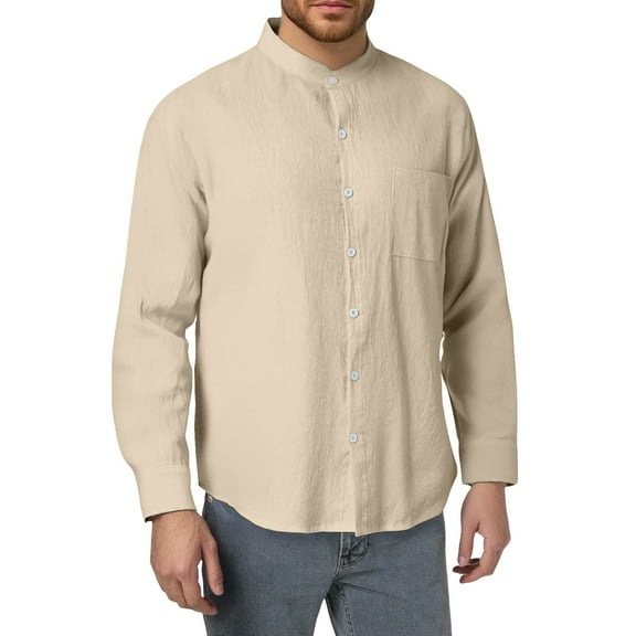 Bcfgryg Men's Spring And Autumn Fashion Linen Long Sleeved Stand Up Collar Shirt Breathable Casual New Chinese Pocket Top Stretch Comfort Men's Shirts