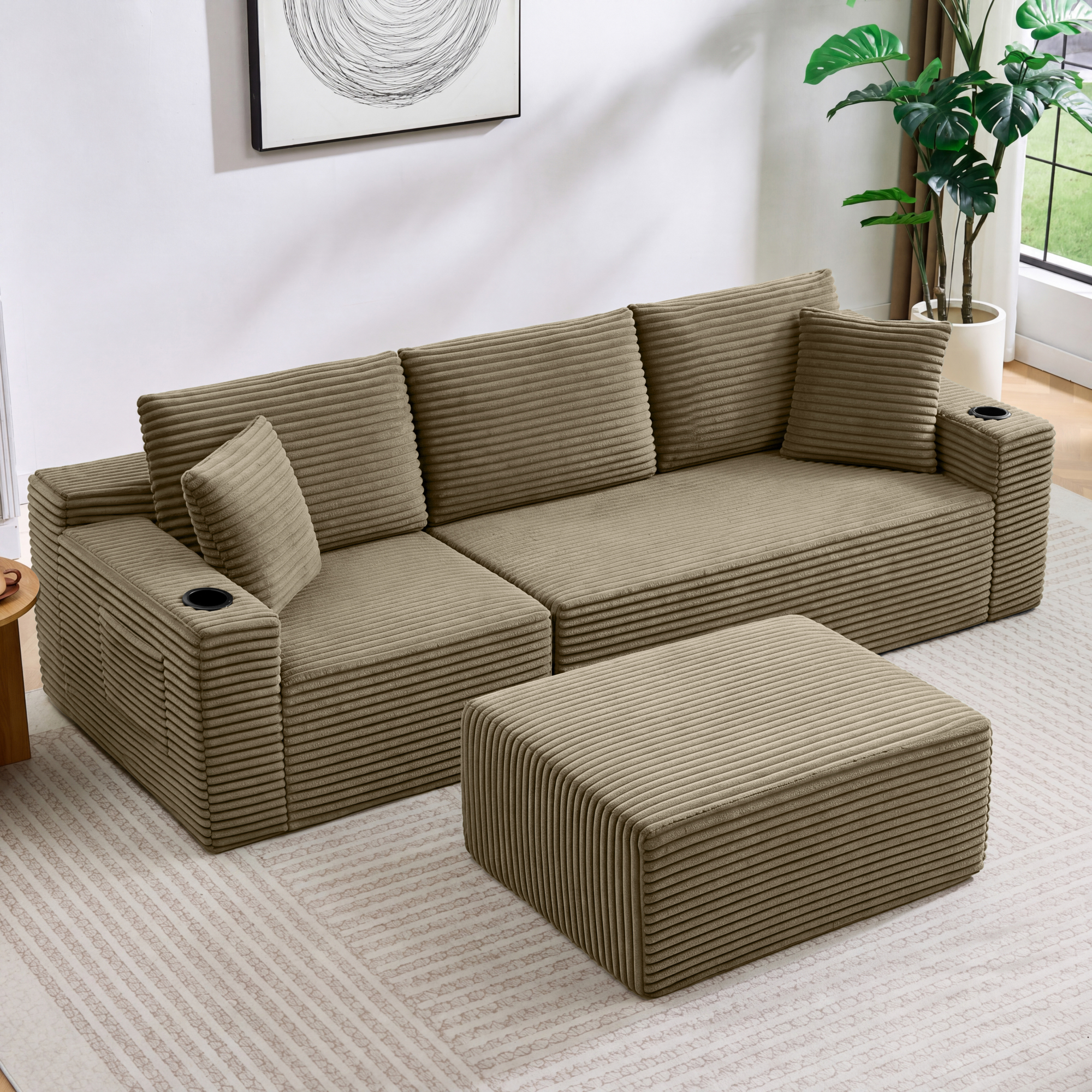 HOQBN L-Shaped Sectional Sofa with Ottoman, Corduroy 3-Seat Couch, Modern Modular Sofa for Living Room Camel