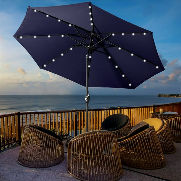 9 Ft Led Lighted Patio Outdoor Umbrella Solar Power Market Table Fade Resistant With Push On Tilt Crank And 8 Sy Ribs Navy Blue Com 9 Ft Led Lighted Patio Outdoor Umbrella, Navy Blue Patio Umbrella 9 Ft
