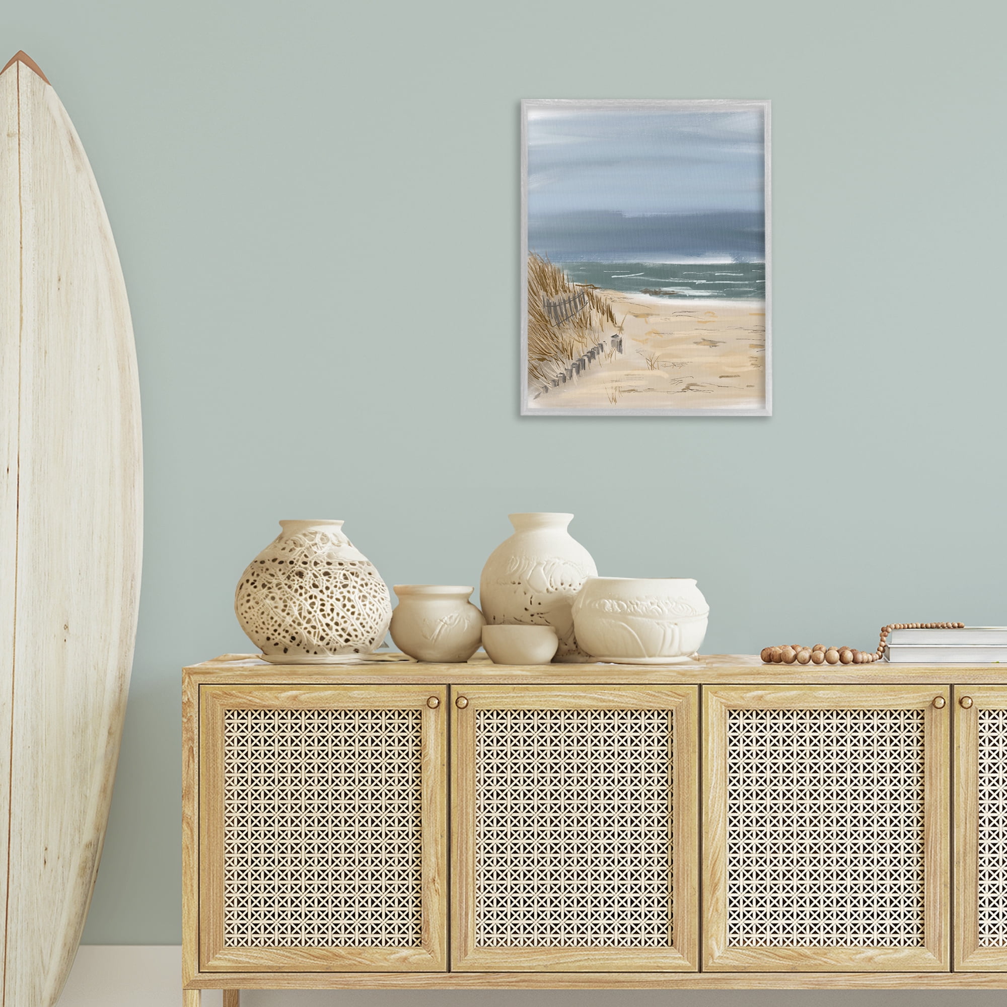 Stupell Industries Serene Beach Fence Landscape Painting Gray Framed Art Print Wall Art, 24 x 30
