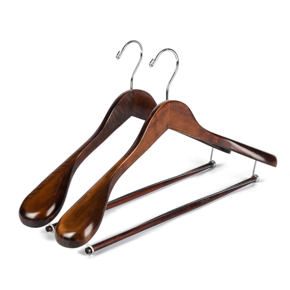 Luxury Wide Shoulder Wooden Hangers 2 Pack with Locking Bar Smooth Retro Finish Wood Suit Hanger Coat Hanger for Closet Holds Up to 20lbs 360 Swivel Hook for Jacket Dress Heavy Clothes Hangers