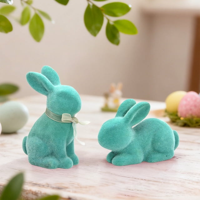 yulier Easter Decorations 2 Pcs Flocked Bunny Figurines Flocking Rabbit Tabletop Ornament for Spring Easter Home Office Table Decor, Easter Gifts Toy, Blue