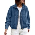 thumbnail image 2 of Karymi Rain Jacket Women Zip Up Stand Collar Denim Jacket, Long Sleeve Elastic Hem Jean Coat with Patch Pockets, Casual Vintage Outerwear for Spring Fall Rain Jacket Women, 2 of 9