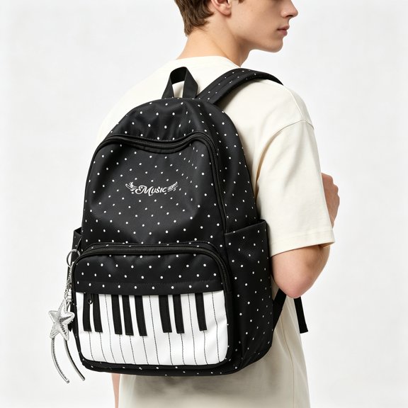 Polka Dot Backpack, Piano Backpack, Lightweight Kawaii Daypack With Spacious Compartments, For Travel, Work, And Campus Use