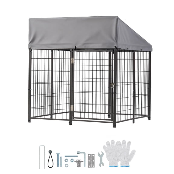 KFFKFF Outdoor Dog Kennel, 3.67 x 3.78 x 4.1 ft Spacious Pet Enclosure with Secure Lock, Weatherproof Roof Cover for UV Protection, Durable Cage Run for Medium to Large Dogs