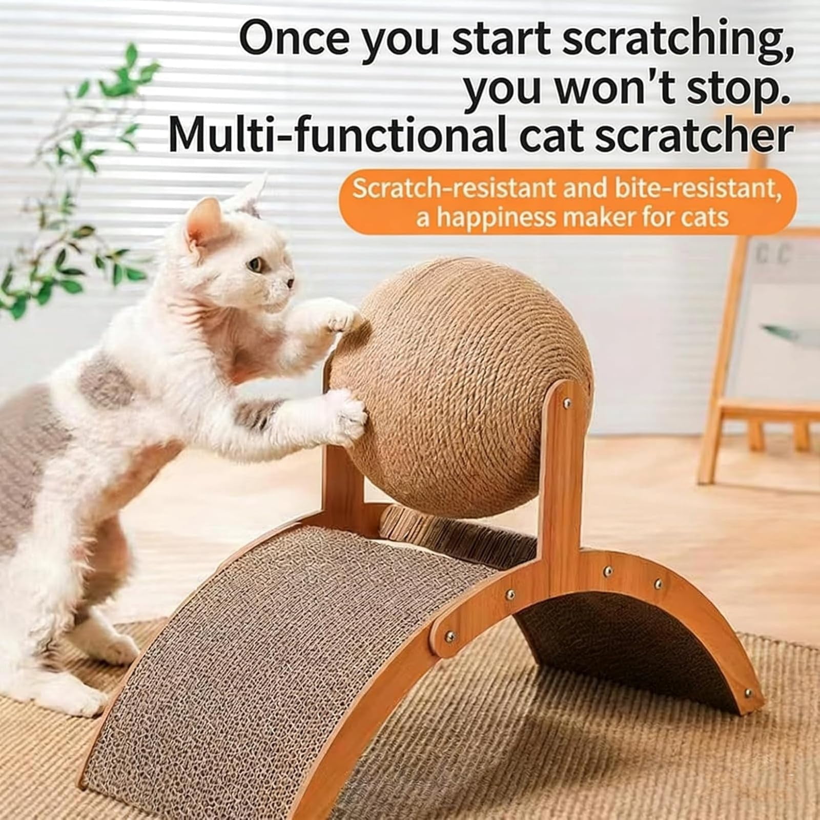 Cat Scratching Ball on Stand, Solid Wood Slanted Cat Scratching Board Design, with 360° Rotating Natural Sisal Ball, 2-in-1 Interactive Cat Scratcher Toy, for Indoor Cat Kittens