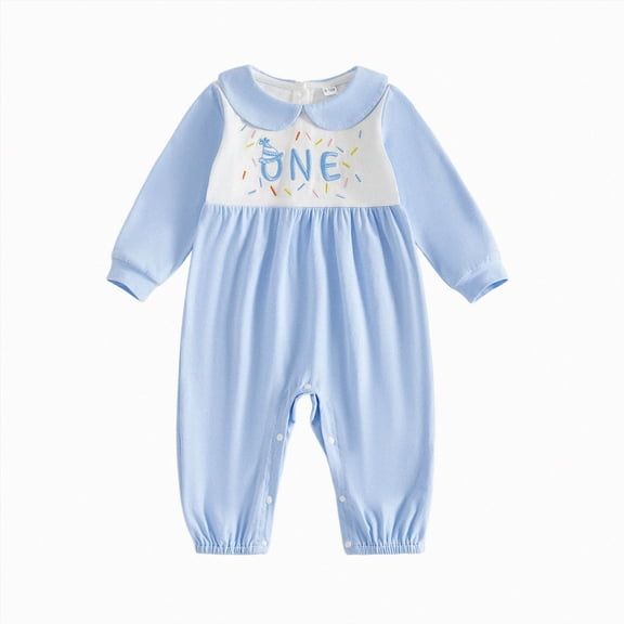 mgoYE Toddler Baby Girl Boy Birthday Outfit One Embroidery Jumpsuit Long Sleeve Peter Pan Collar Romper 1st Birthday Cake Smash Outfit