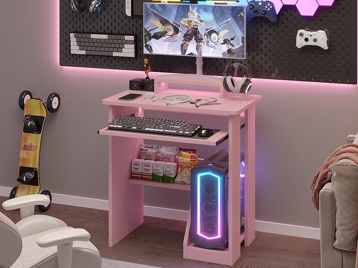 Zenira 29in Computer Desk with Monitor Stand and Keyboard Tray for Small Space, Wood PC Laptop for Bedroom, Writing Table with Shelves for Living room, Pink