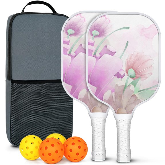 Pickleball Paddles Set Of 2, Fiberglass Surface, Spring Flowers Floral Print, 4 Balls & Bag