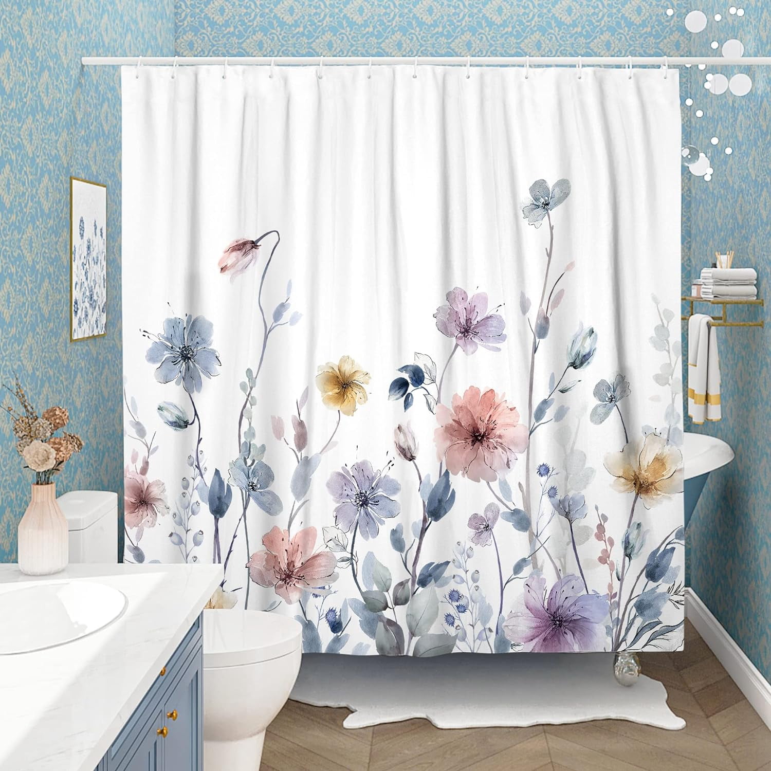 Watercolor Floral Tall Shower Curtain Set, Colorful Flower Shower Curtains for Bathroom Pastel Wildflower Bathroom Decor Polyester Fabric-72" x 78"