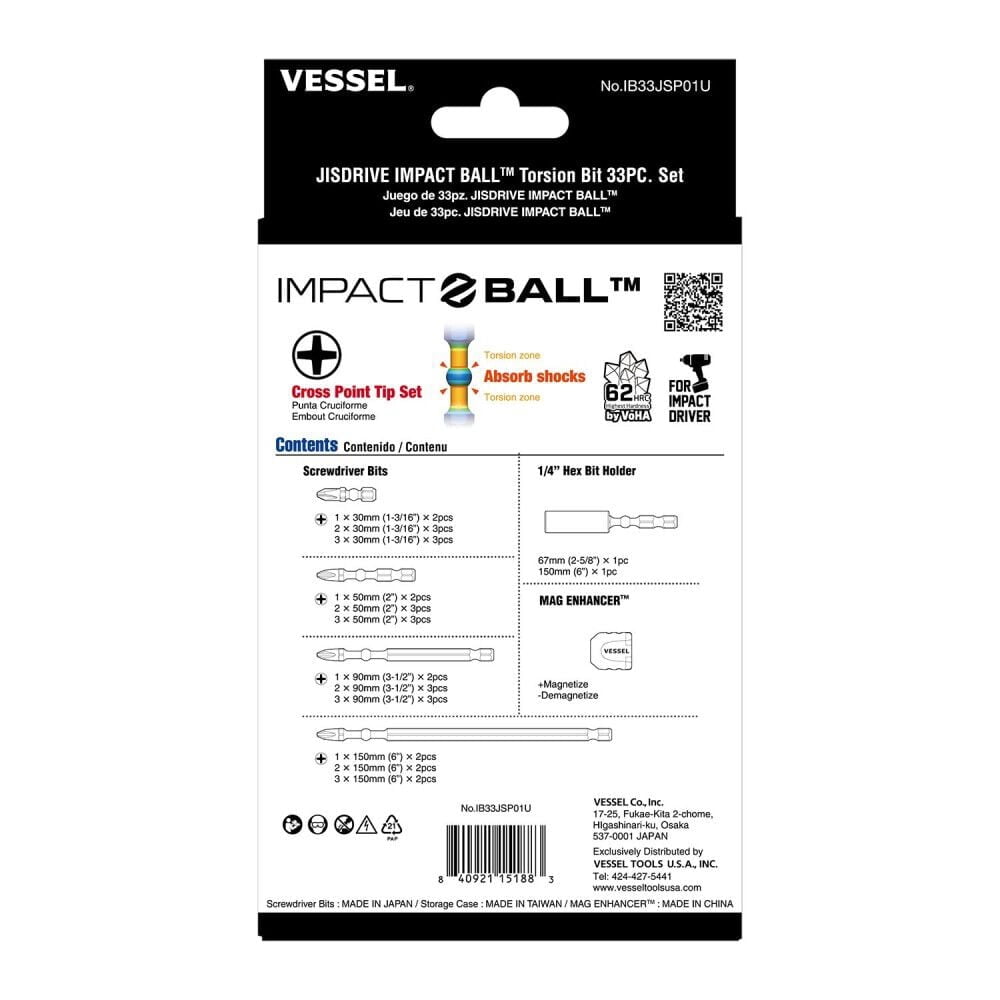 Vessel Tools JISDRIVE Impact Ball Torsion Bit 33PC. Set