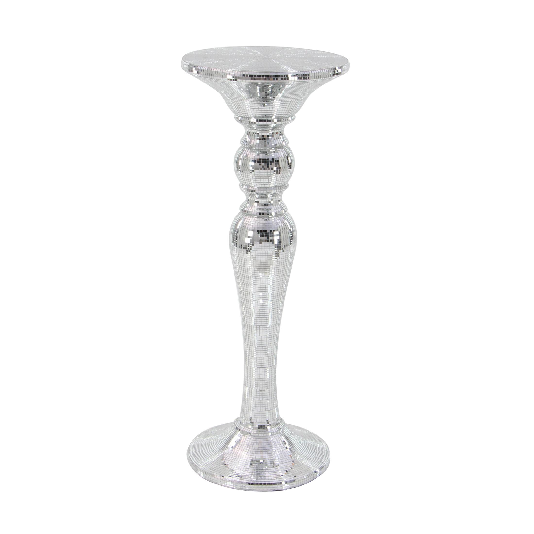DecMode 14" x 36" Silver Glass Mosaic Mirrored Turned Floor Pedestal Table, 1-Piece