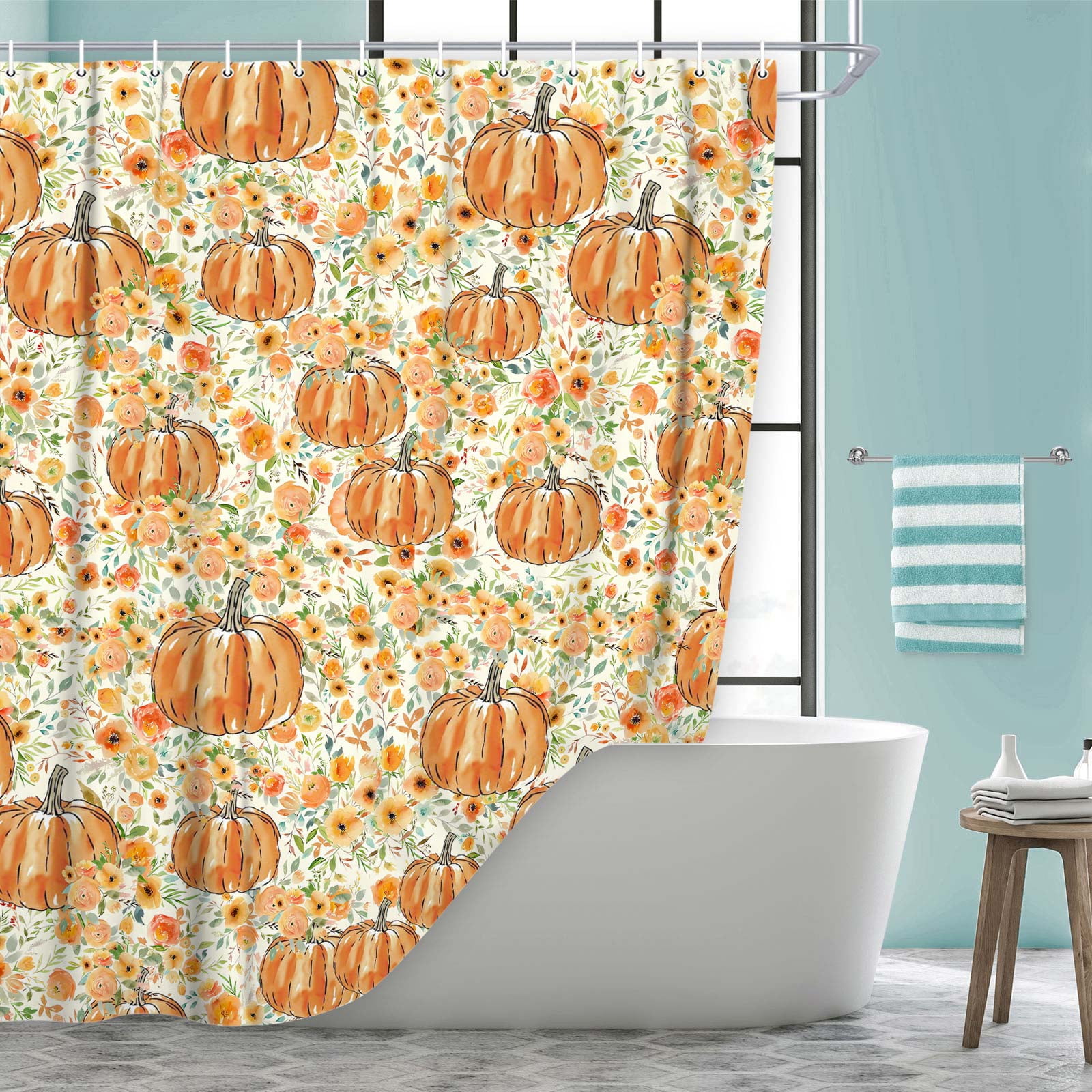 Fall Thanksgiving Shower Curtain,Pumpkin Floral Bathroom Curtains,Autumn Polyester Fabric Bathroom Accessories Festival Holiday Decor with Hooks,69X70 in