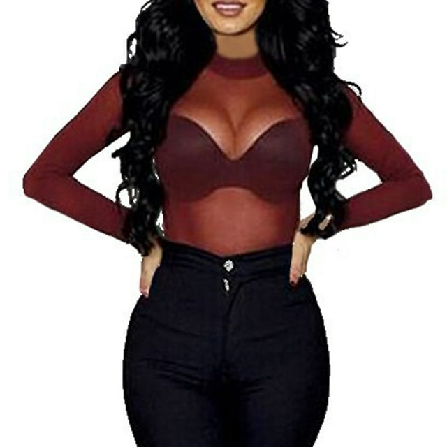 Chemise de Base Femme Manches Longues Transparente Décontractée T-shirt Dos Rond Fête Boîte de Nuit Tops Femme Printemps Rouge Vin L