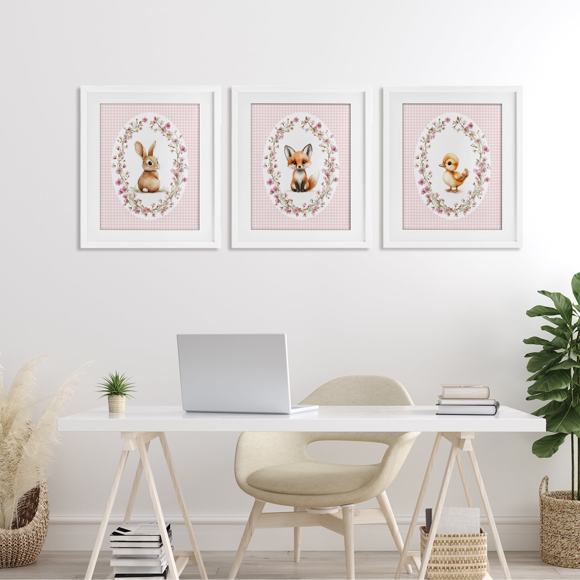 Stupell Industries Spring Gingham Animals 3 Piece White Framed Print Under Glass Set, design by Christine Simpson Art