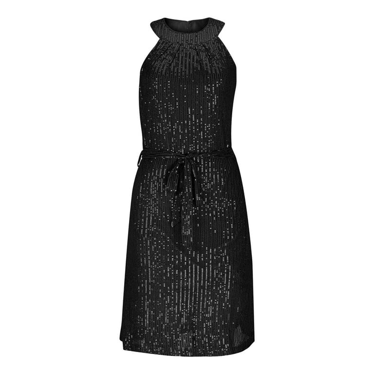Women's Sequins Halter Evening Dress Elegant Sparkle Belted Waist  Sleeveless Formal Party Cocktail Mini Dresses - Walmart.com