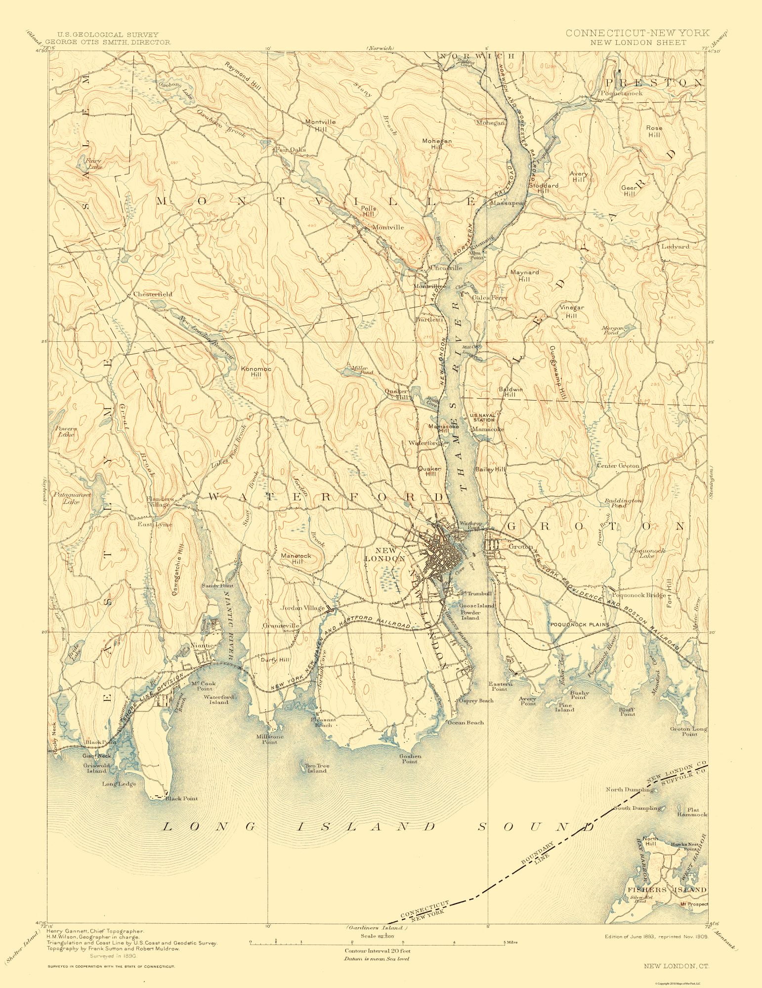 Topo Map - New London Connecticut Sheet - USGS 1893 - 23.00 x 29.84 ...