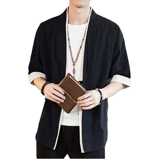 CHOK Fashion Casual Man Shirts Men‘s Linen Japanese Kimono One Button Cardigan Jacket Ancient Style