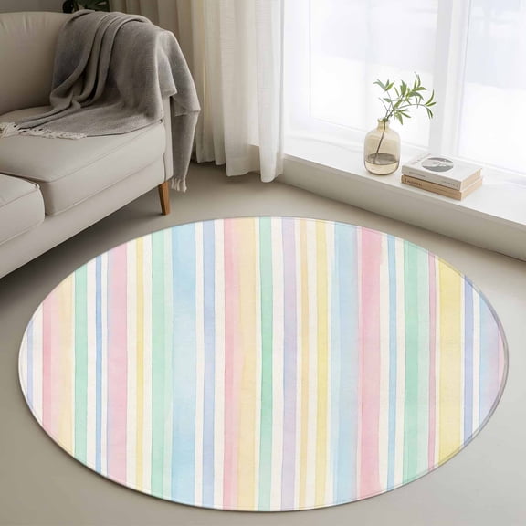 Round Area Rugs Collection 3.3 Ft, Colorful Striped Non-Slip Residential Carpet, Modern Vertical Stripes Watercolor Indoor Crawling Mats Doormat Runner Rugs Play Mat forBedroom