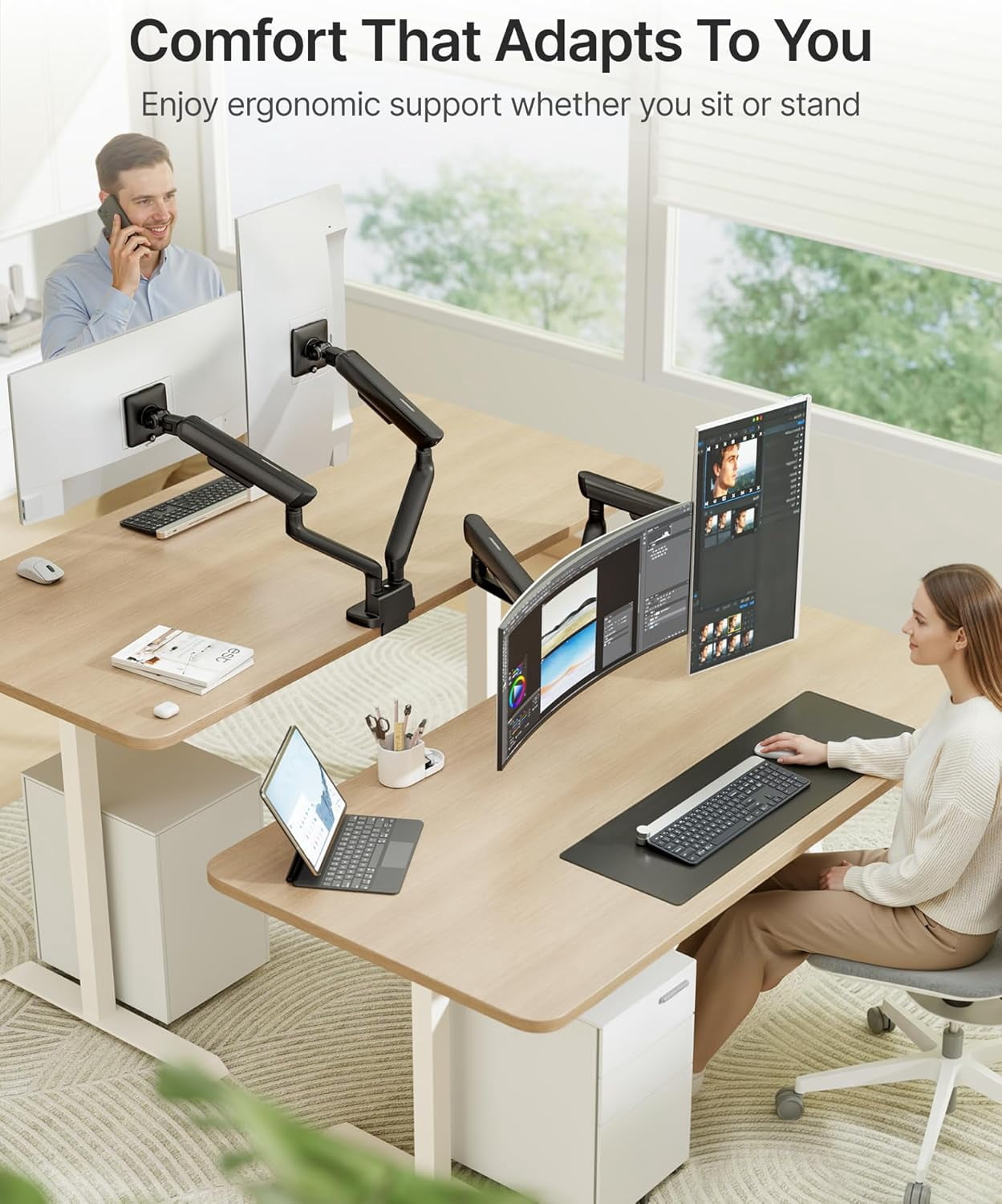 monTEK Dual Monitor Arm, Mechanical Spring Dual Monitor Mount for 17–35" Screens, Holds up to 26.4 lb per Arm, Full Motion Desk Stand with VESA 75x75/100x100, C-Clamp & Grommet