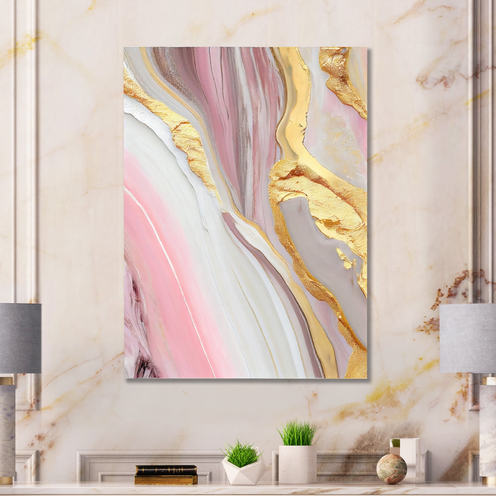 Designart Pink And Gold Marble Abstract III Canvas Wall Art