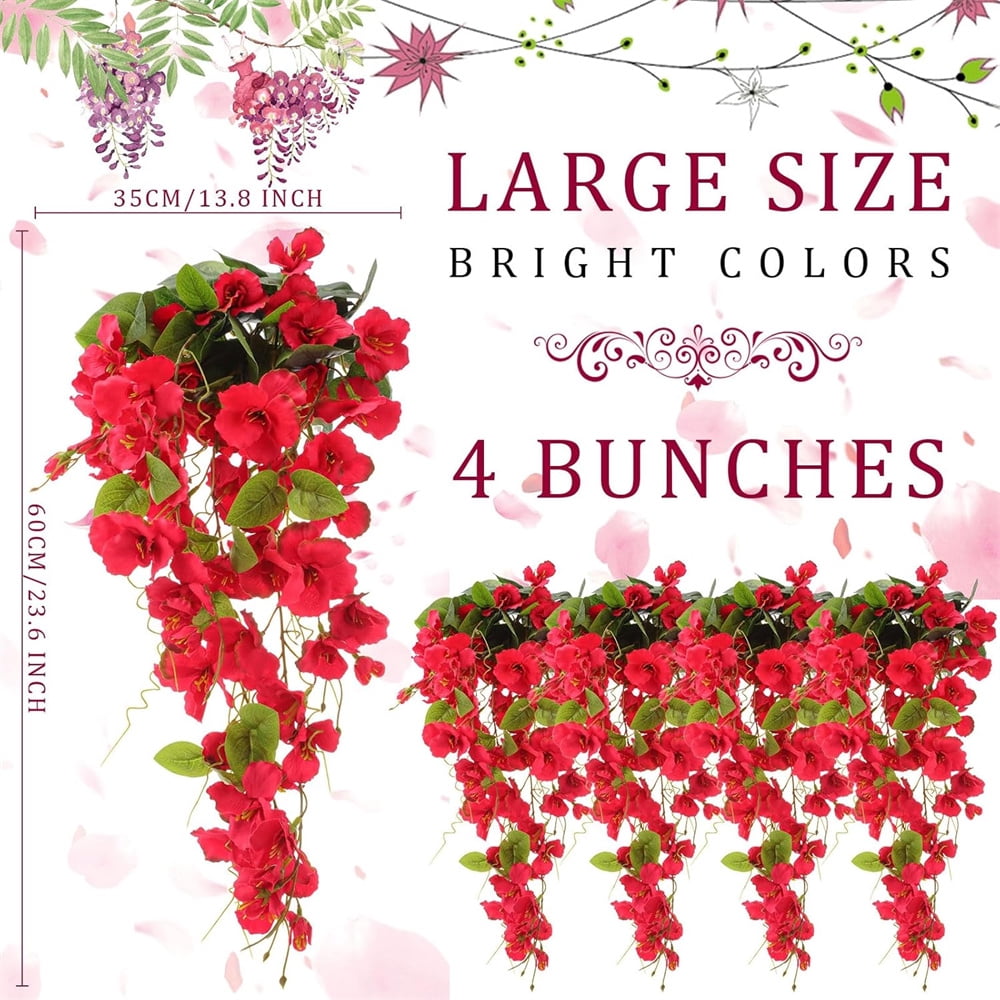Duslogis 4 Pcs Artificial Hanging Flowers Plants for Outdoors Spring Summer Decoration, Fake Hibiscus Vines UV Resistance Realistic Silk Flowers for Outside Home Patio Porch Garden Wedding,Red