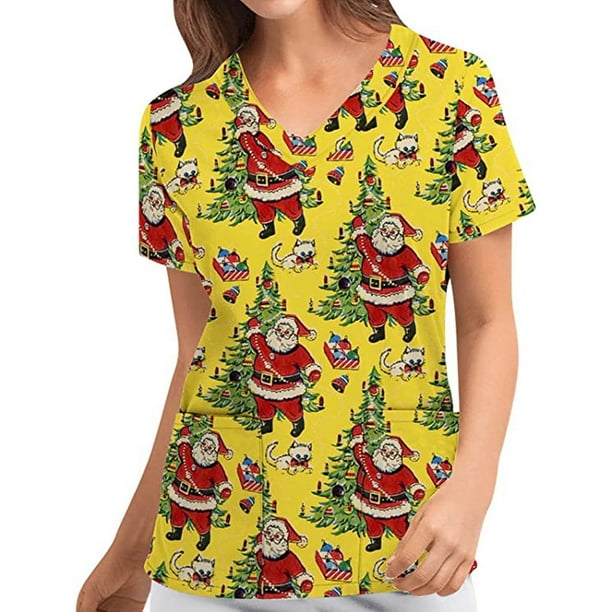Puntoco Navidad Moda Mujer Cuello en V Casual Manga corta Impreso Bolsillos Señoras tops Blusa Puntoco Puntoco-5034