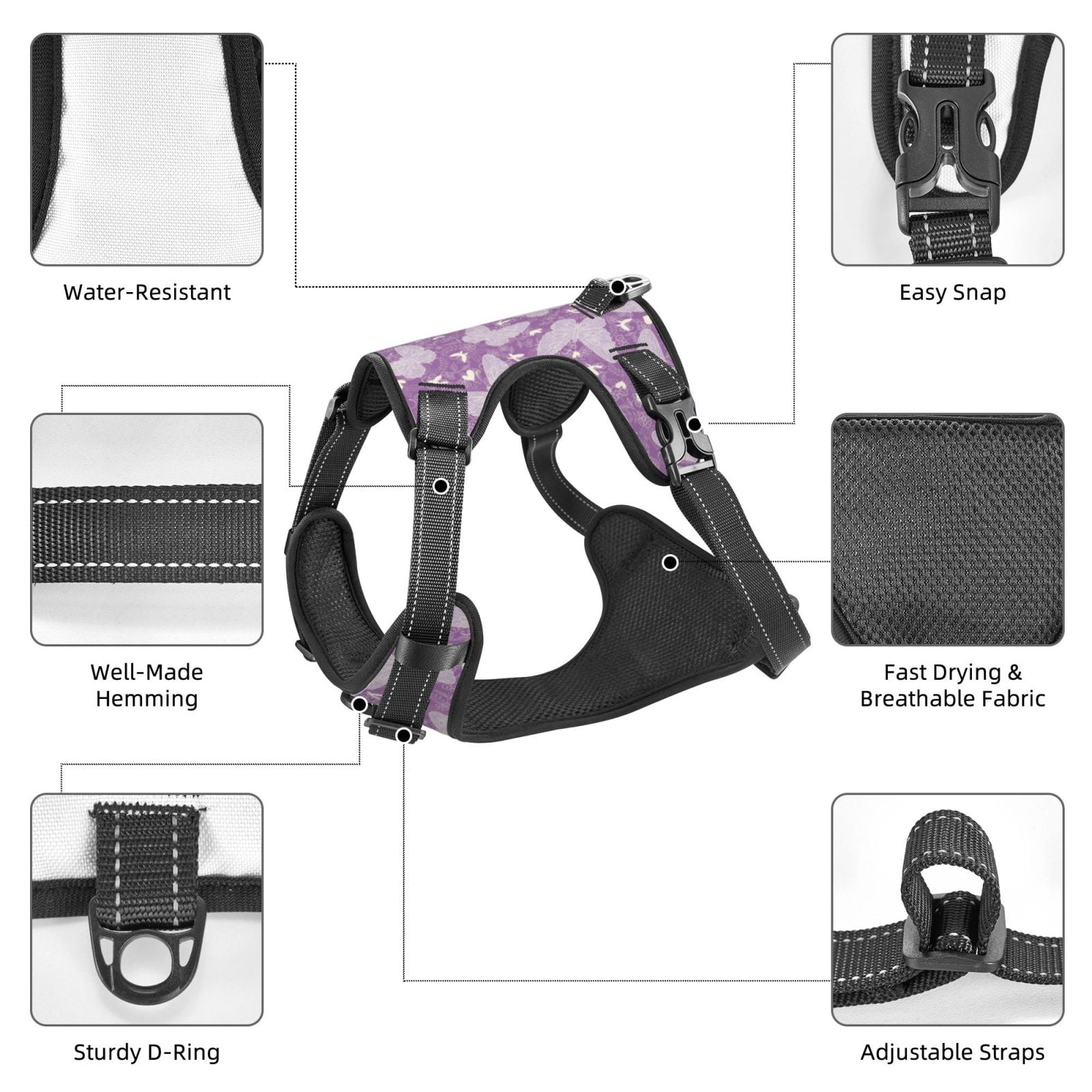 Fuzoiu Purple Butterflies Floral Print Reflective Dog Harness,Adjustable, Breathable Pet Vest,Dog Harness No Pull,No Choke Pet Vest for Small, Medium, and Large Dogs-Medium