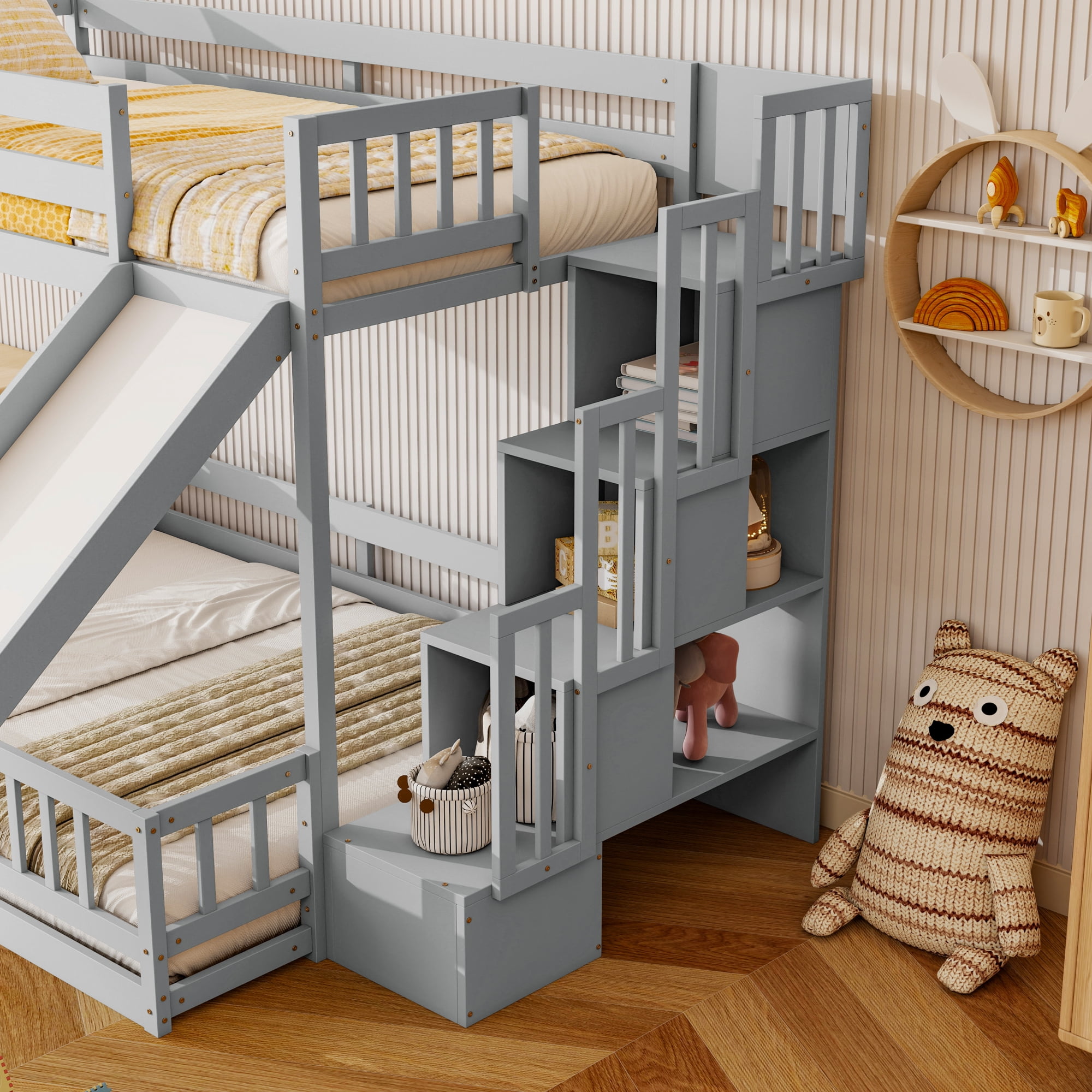 HOQBN Twin over Full Bunk Bed with Slide, Storage Staircase, Pine Solid Wooden Bunk Bed with Safety Guardrails for Bedroom, Grey