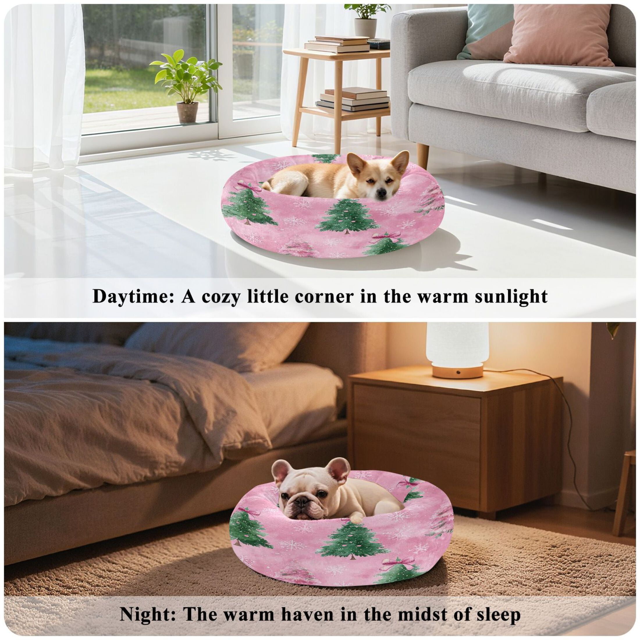 Iauyy Pet Couch Donut Cat Bed for Indoor Cats/Small Dogs Washable & Machine with Non-slip Bottom Calming Cat Furniture, with Snowflakes and Bows (XS)