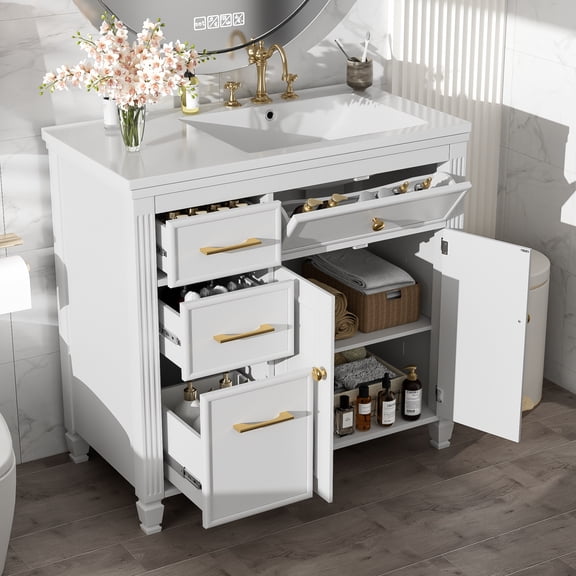 36" Bathroom Vanity with Ceramic Sink, Modern Single Basin Bath Vanity Set with 3 Drawers & 1 Tip-Out Drawer, Freestanding Storage Cabinet w/Adjustable Shelf, White