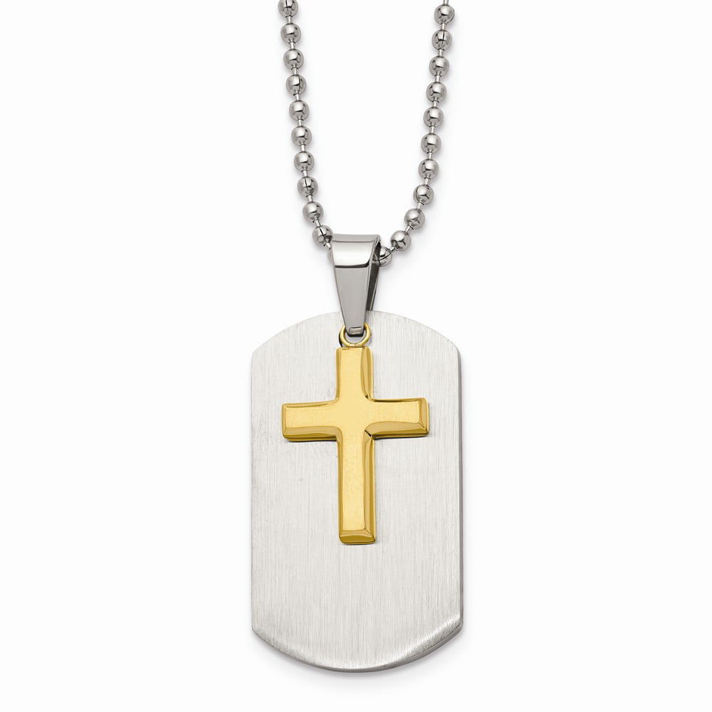 Stainless Steel Yellow IP Plated Brushed Cross On Dog Tag Necklace 33x20mm 22 Inches 