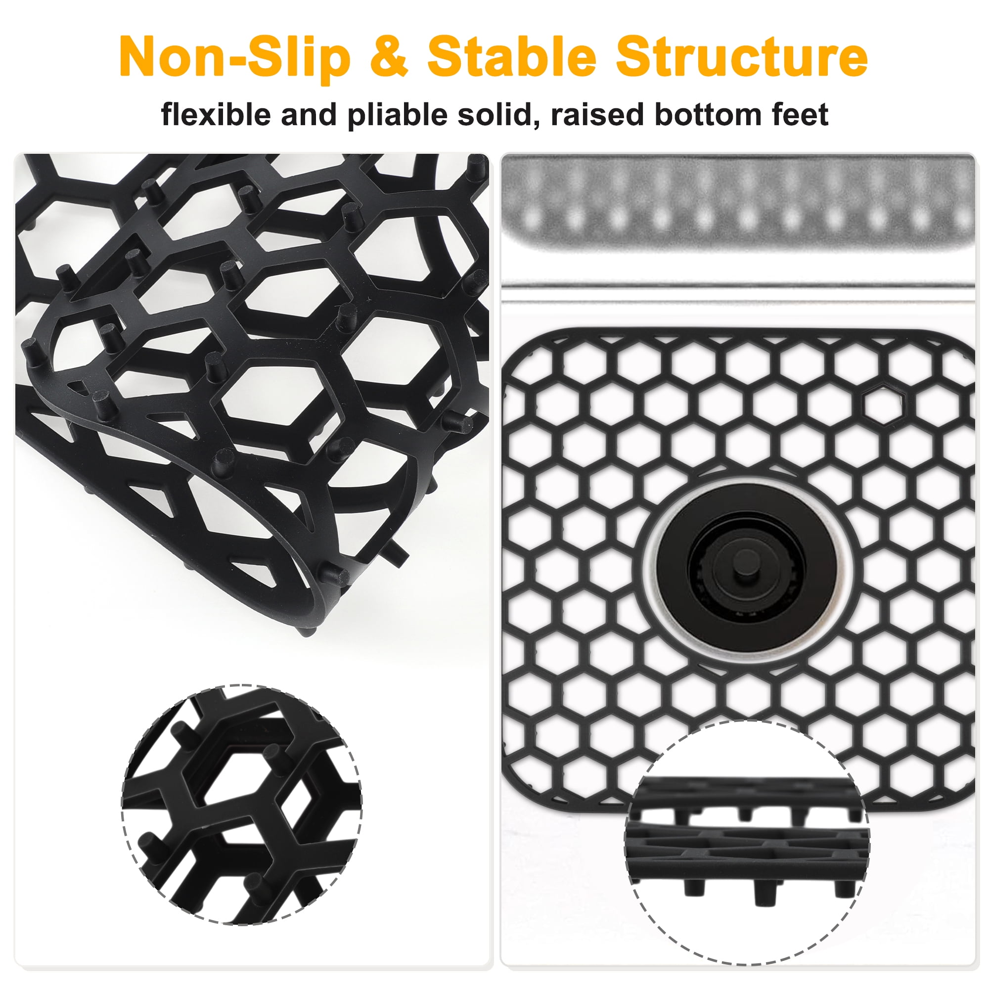 Unique Bargains 2pcs Sink Protectors for Kitchen Sink 12.4"x 11.5" Non-Slip Sink Mats Heat-Resistant to 500°F Sink Grid for Stainless Steel Sinks Dishwasher Safe Black