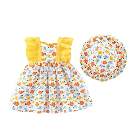 

Rovga Fashion Dresses For Girls Princess Ruffles Vacation Baby Hat Floral Dress Summer Sleeveless Set Dresses Dresses